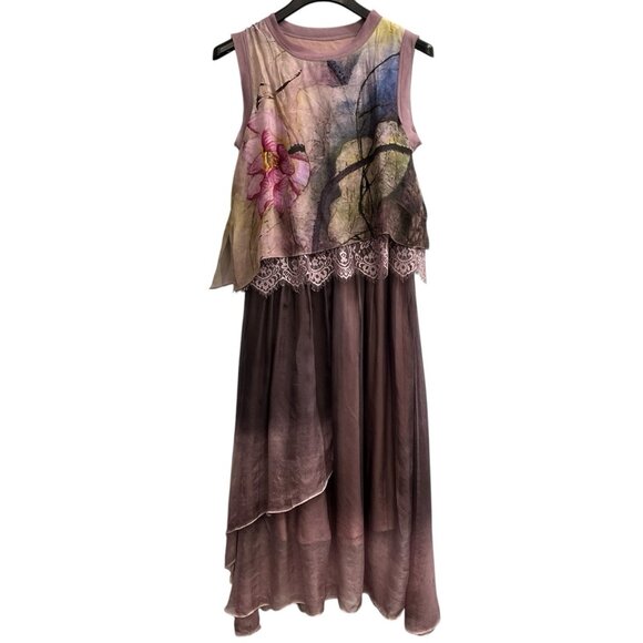 Purple Silk Midi Dress Womens L Layered Floral Lace Mesh Fairy Whimsigoth‎ Prom - Picture 1 of 9